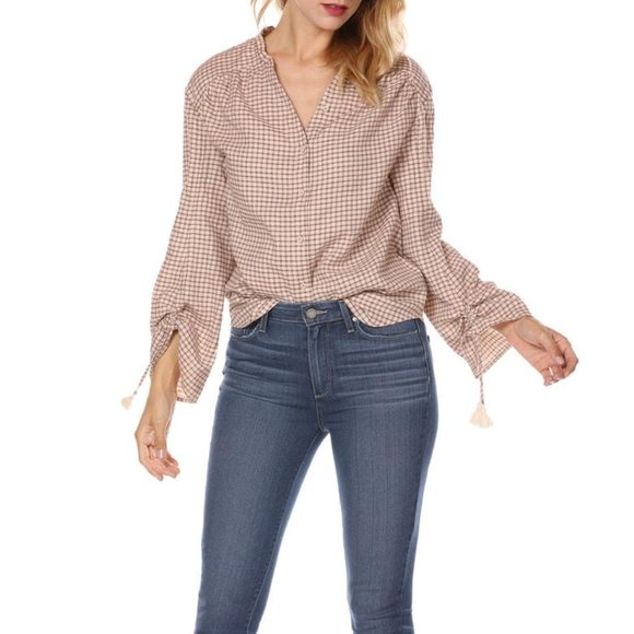PAIGE Torin Check Blouse In Sandy Shell/ Spice Drawstring Bell Sleeves - Picture 2 of 9